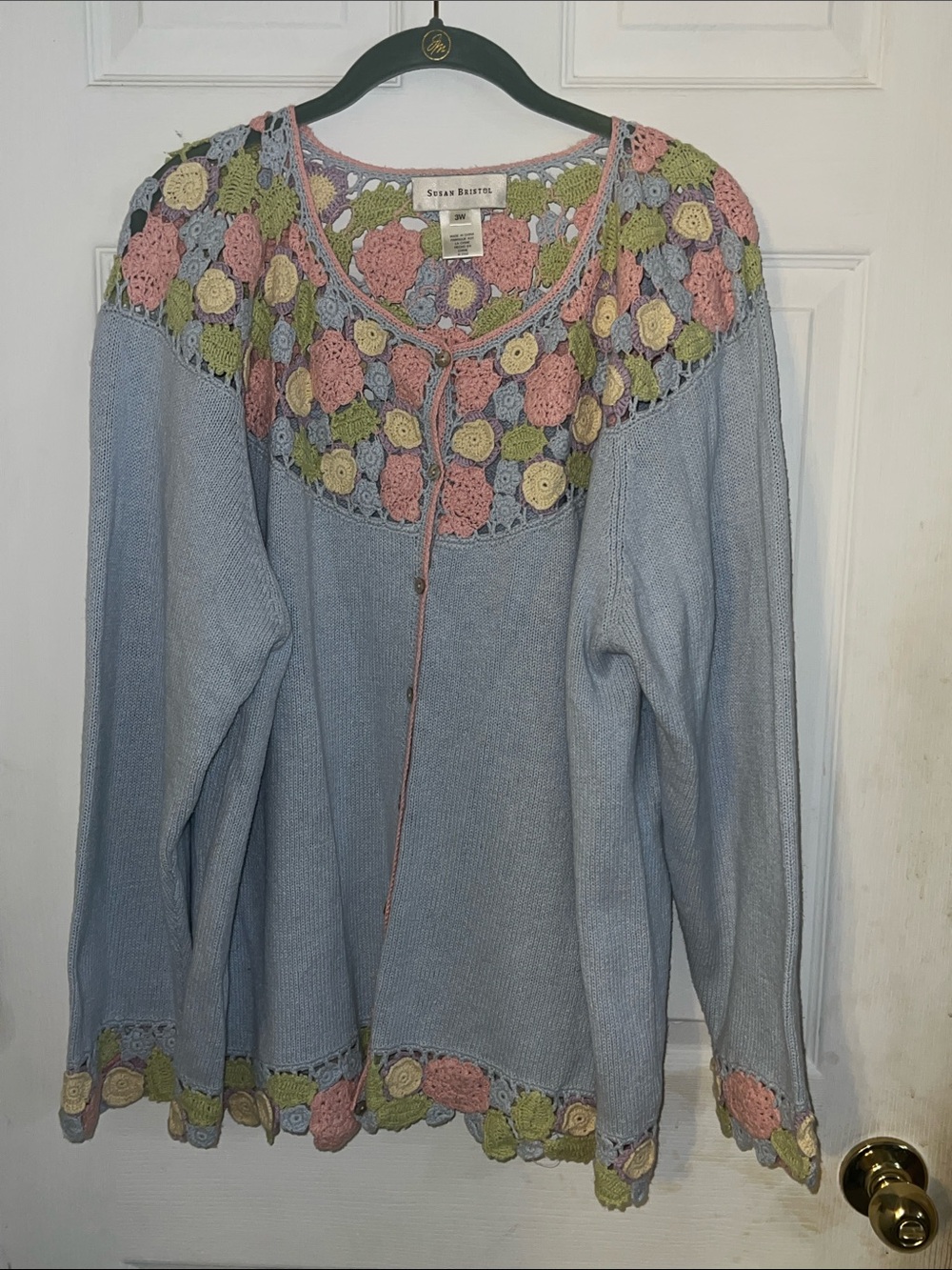 Susan Bristol Crotched Floral Trim Linen-Blend Sweater 3W